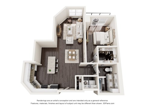 Floor plan for 1 bed, 1 bath, 987 sqft